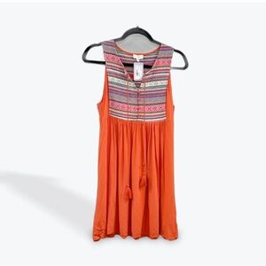 Umgee Boho Embroidered Orange Sleeveless Dress with Tassel Details